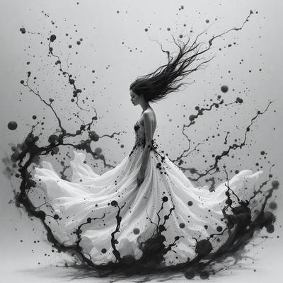 The primary subject of the image is a woman dressed in a white gown, with her hair flowing in the wind. She is standing in front of a backdrop featuring a black and white design, which gives the image a vintage or artistic feel. The visual style of the image is a combination of photo and digital art, creating a unique and captivating scene. The colors and mood of the image are predominantly black and white, with the woman's white gown and the flowing hair adding a touch